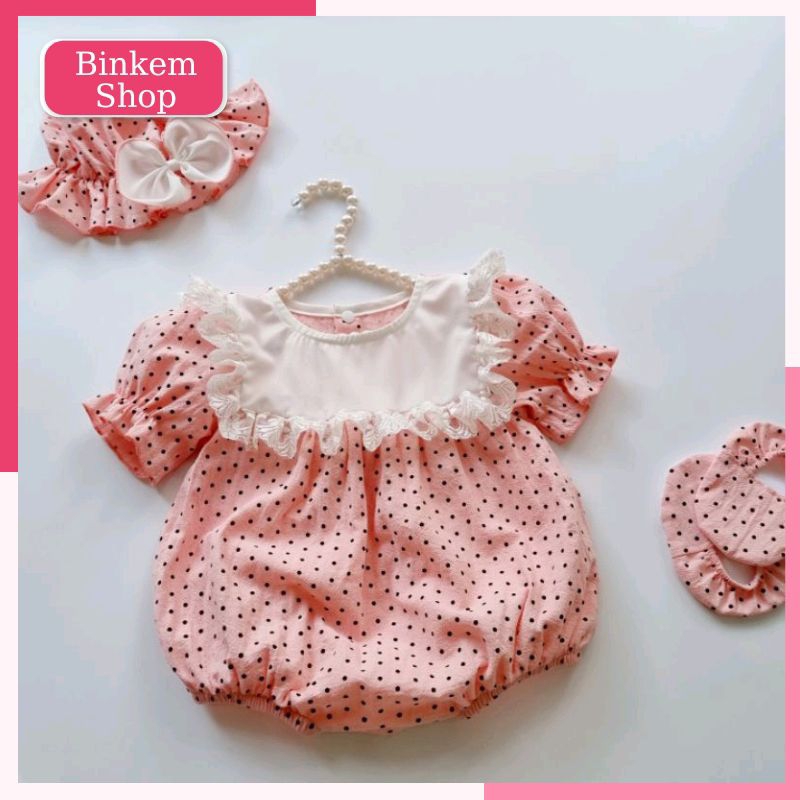 Set body hồng chấm bi cho bé sơ sinh size 4-11kg, body tặng kèm mũ và giày xinh xắn cho bé gái