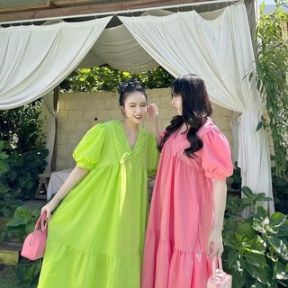 A70 Đầm Babydoll Dáng Dài Cổ V Tay Phồng Màu Sắc Trẻ Trung Siêu Xinh