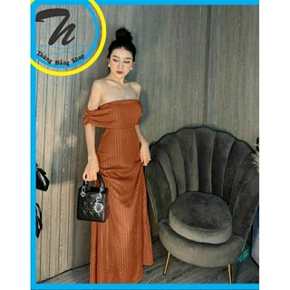 Đầm body bẹp vai dáng dài thun gân mịn