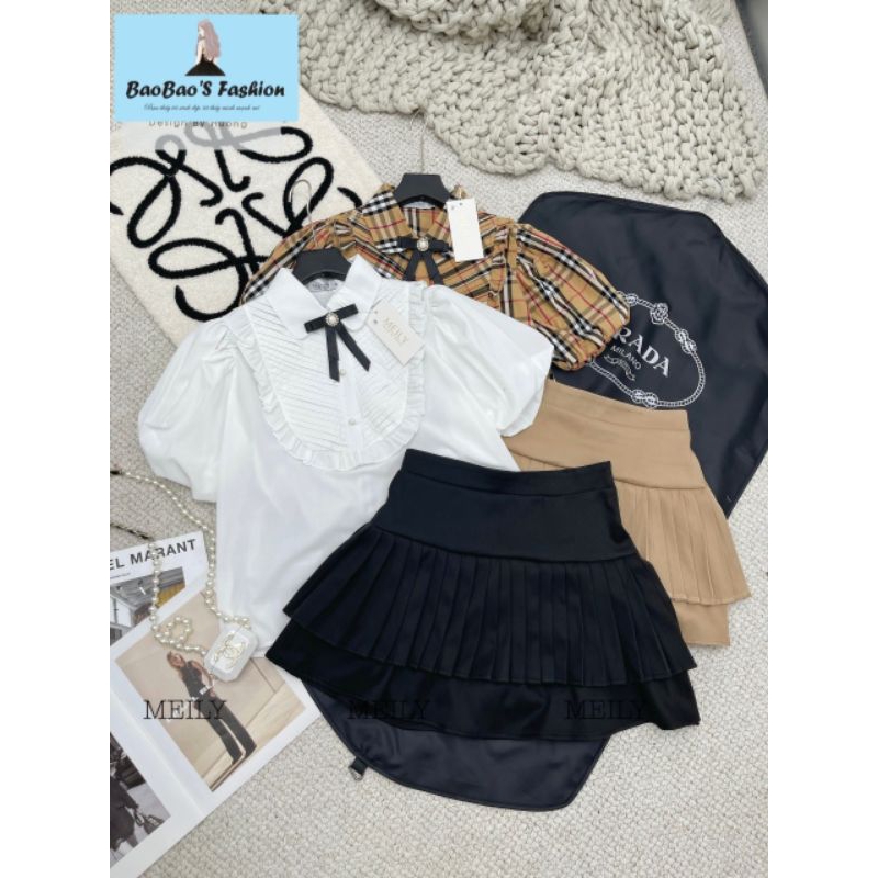 Set áo sơ mi nơ và chân váy xếp ly trẻ trung siêu xinh M