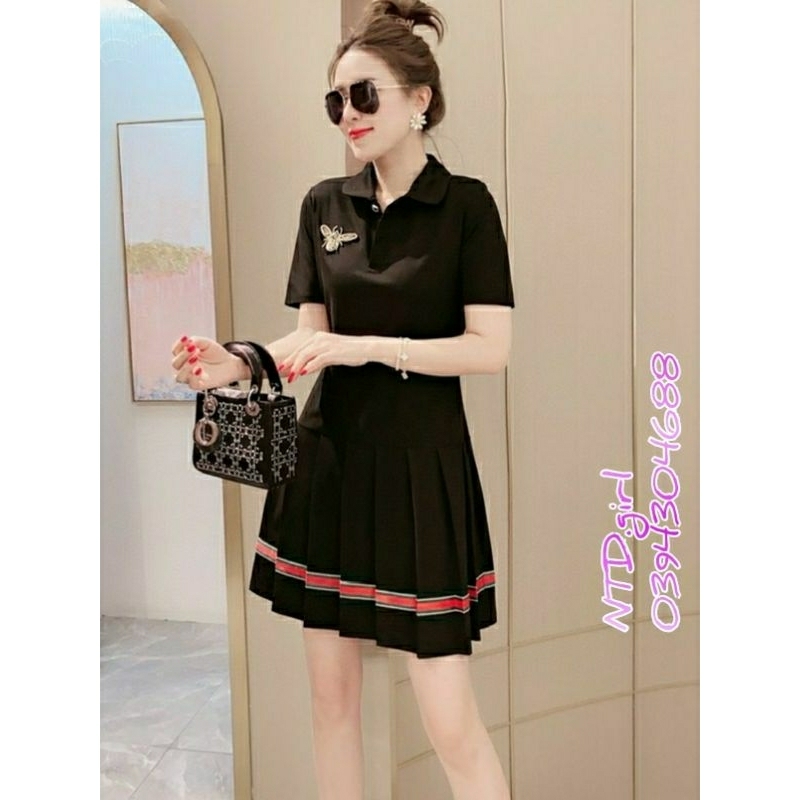 Hàng nhập - Đầm dáng suông thun lụa đuôi cá xếp li, váy xuông tay ngắn cổ sơ mi đính phụ kiện