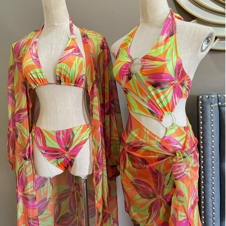 Set bikini tam giác, set đồ bơi liền lá cam neon khuyên lệch kèm khăn voan cao cấp