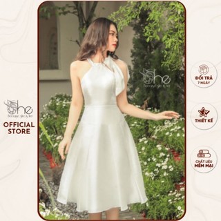 Đầm trắng dự tiệc cổ yếm dáng xòe She, đầm nữ nơ đính cổ đi tiệc đi chơi SDX173