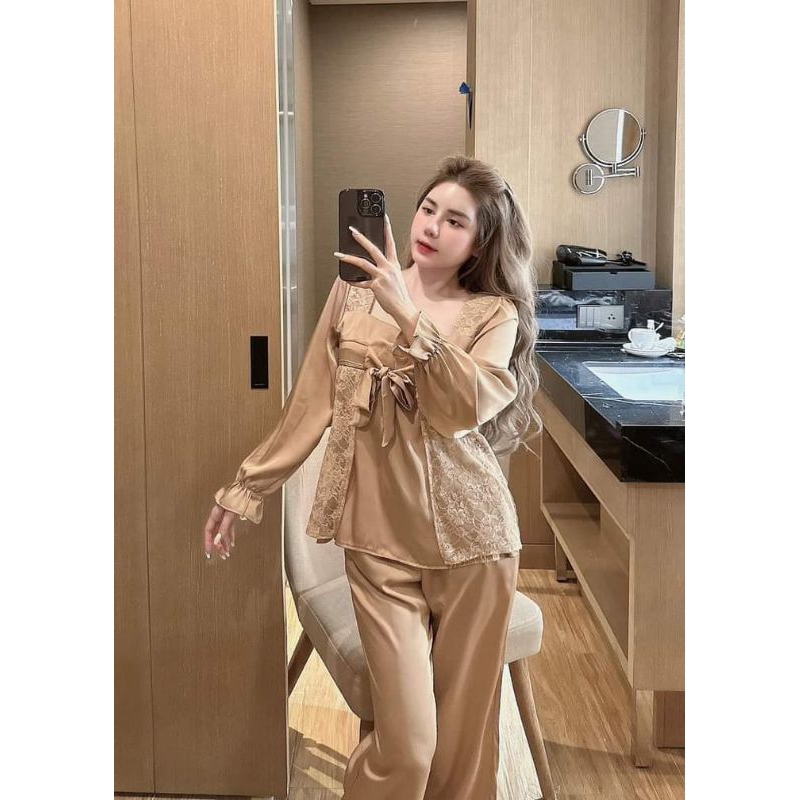 Pijama hàng thiết kế họa tiết ren tiểu thư vải lụa xước Tô Châu cao cấp.Ảnh shop chụp thật ở cuối trang nha khách