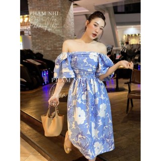 Đầm xanh dương trễ vai tay bồng nữ tính