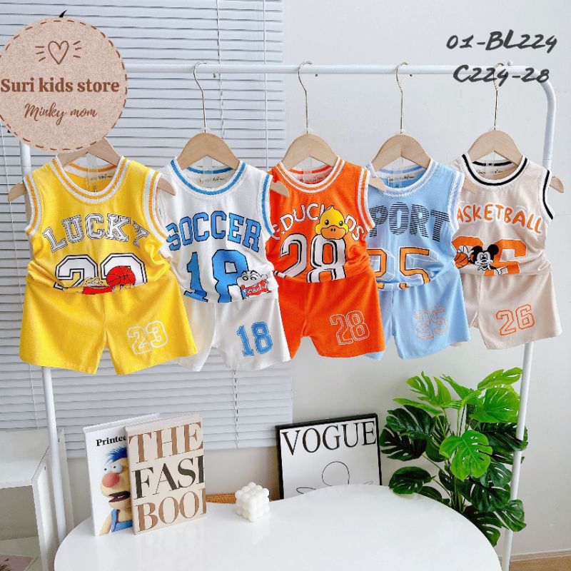 ♡Bộ ba lỗ minky mom (tag mới minly baby) vải thun lạnh in số thể thao mềm, mịn , mát cho bé trai bé gái