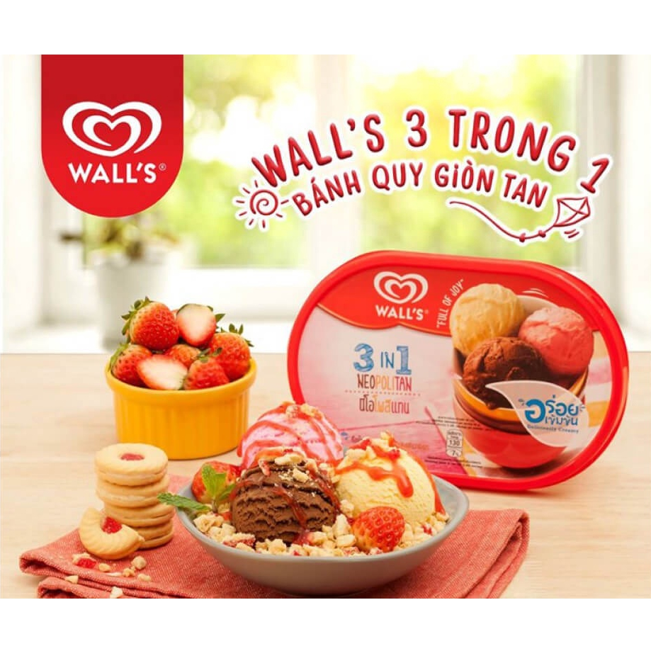 Kem hộp socola vani dâu Wall's 3in1 Neopolitan 760ml
