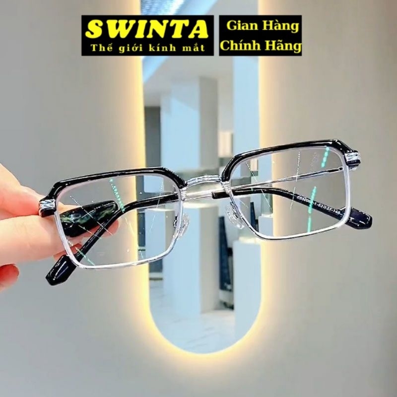 Mắt kính nam giả cận thời trang SWINTA GB1 gọng kính kim loại vuông chống ánh sáng xanh chống UV cao cấp sáng bóng