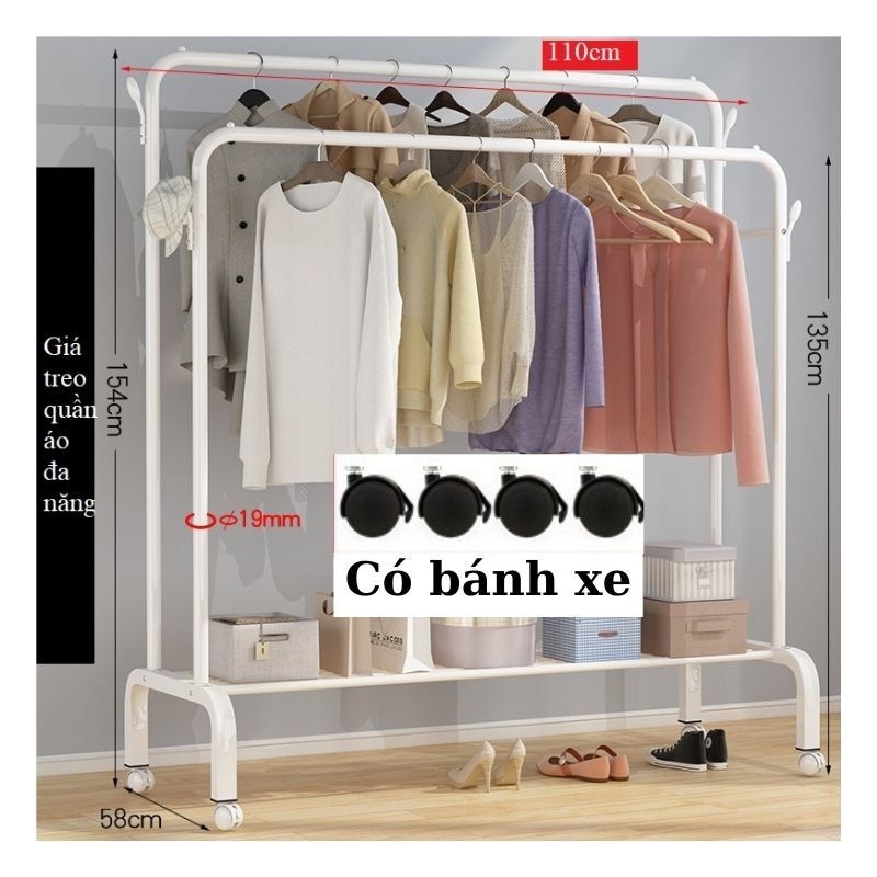 Giá Kệ treo quần áo khung thép cacbon đa năng có bánh xe móc treo đồ, kệ sào phơi quần áo thông minh có kệ để giày dép