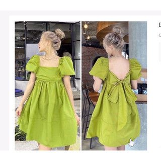 Đầm babydoll cổ vuông tay bồng nơ lưng dáng xòe tiểu thư