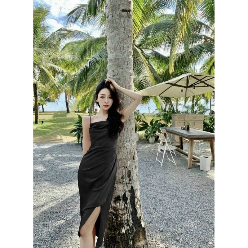 Đầm ôm nhẹ 2 dây xếp li, cổ đổ,  dây kéo sau lưng Lh0917399527