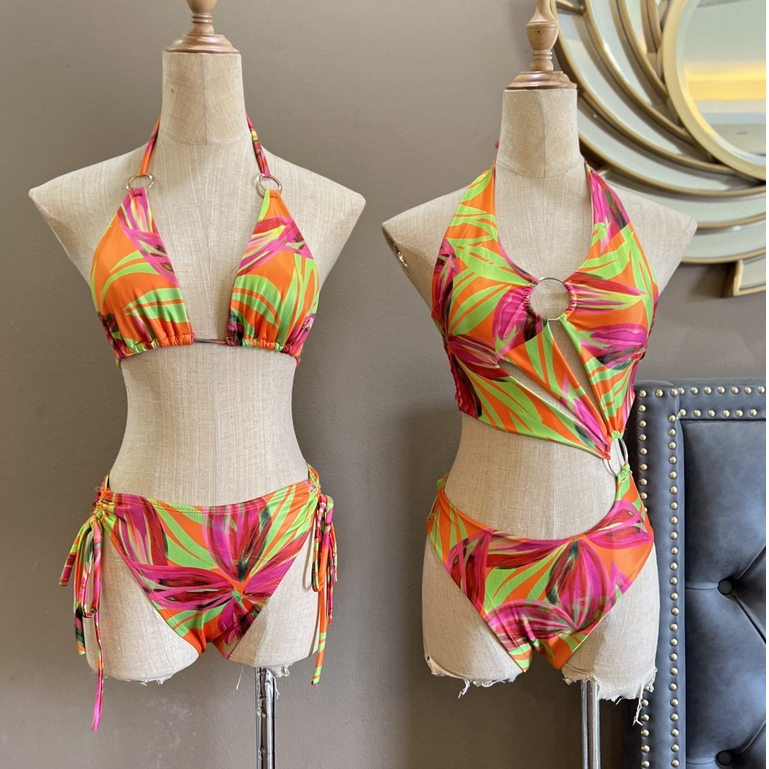 Set bikini tam giác, set đồ bơi liền lá cam neon khuyên lệch kèm khăn voan cao cấp