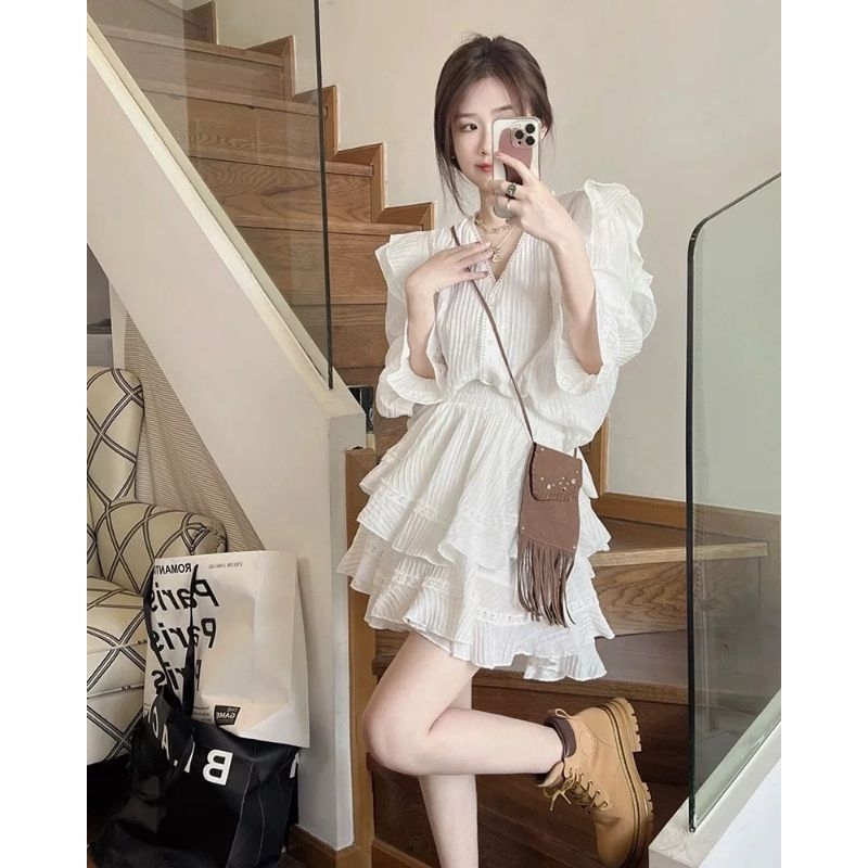 SET VÁY THÔ ĐŨI VIỀN REN yena.closet - Set váy 2 món áo sơ mi tay bèo cổ V phối ren kèm chân váy bèo tầng có lót ulzzang