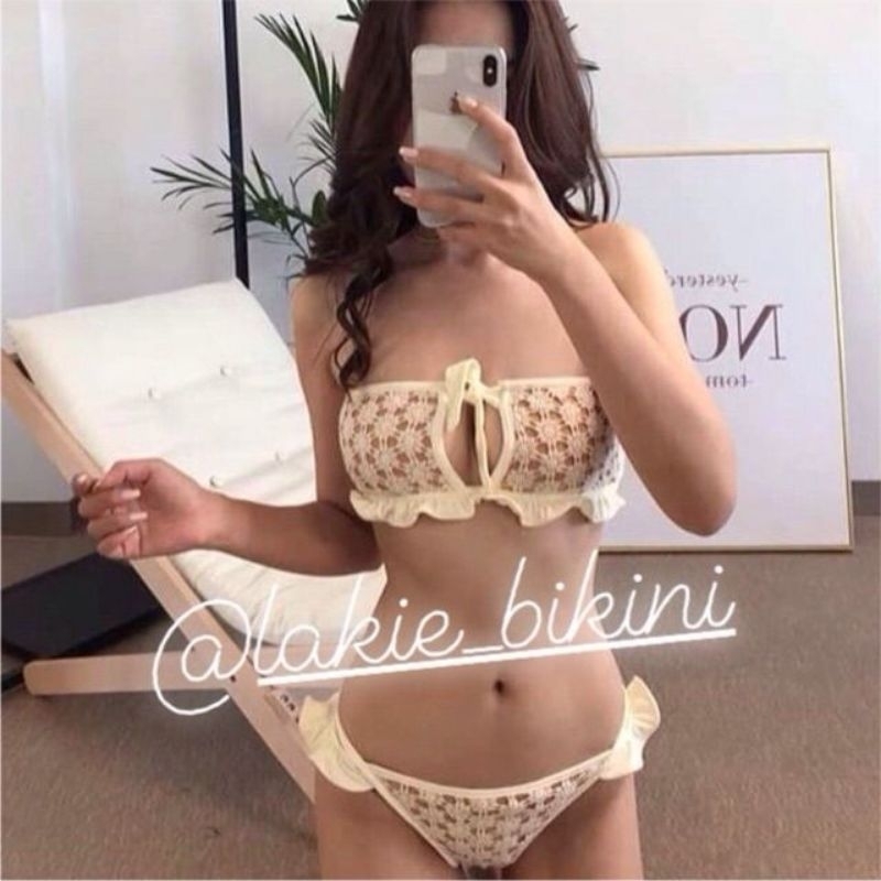 Bikini 2 Mảnh Viền Bèo Nơ Quay Ngực Eo Cao Sexy Siêu Nâu Tây