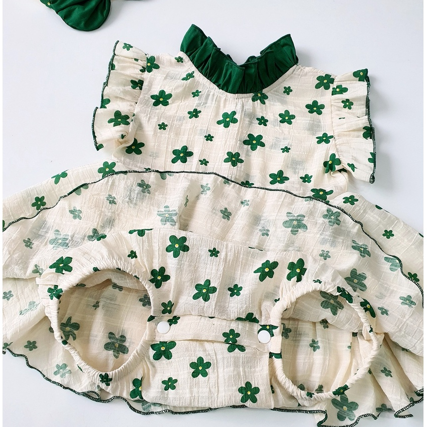 Body váy hoa nhí xanh cho bé gái sơ sinh tặng kèm turban nơ đi chơi, đi tiệc  - Riokids BD98