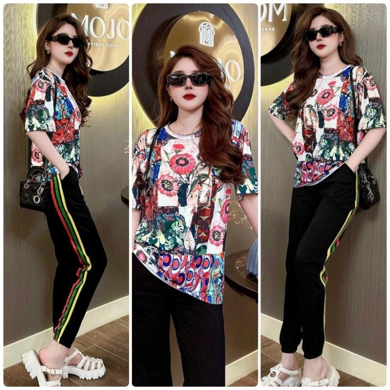 Set Bộ Đồ Dài Thể Thao Áo Thun Lạnh In Hoa 3d Sắc Màu Phối Quần Thun Cotton kẻ sọc