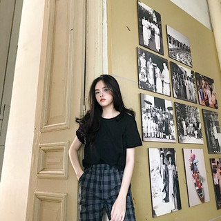 Ao crop & quần caro lưng thun