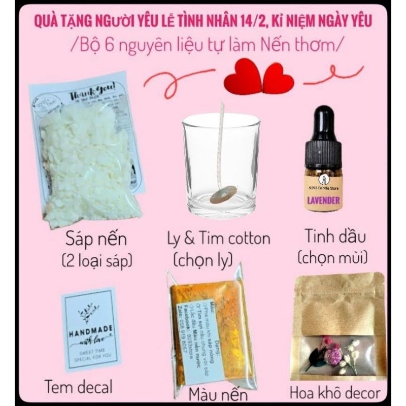 Quà tặng tự làm Bộ 6 Nguyên liệu Nến thơm cho ngày lễ tình nhân 14-2, ngày kỉ niệm khi yêu, quà tặng cho người yêu