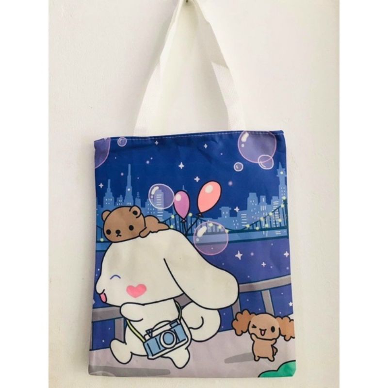 túi tote vải bố in 2 mặt thỏ trắng đeo máy ảnh - Hàng Quảng châu