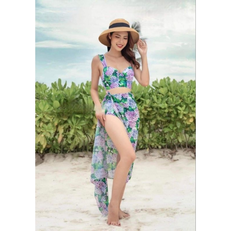 Đồ bơi áo tắm bikini 2 mảnh lưng cao kèm khăn von hoa màu sắc sặc sỡ áo mút dày độn nâng ngực đi biển đẹp | BigBuy360 - bigbuy360.vn