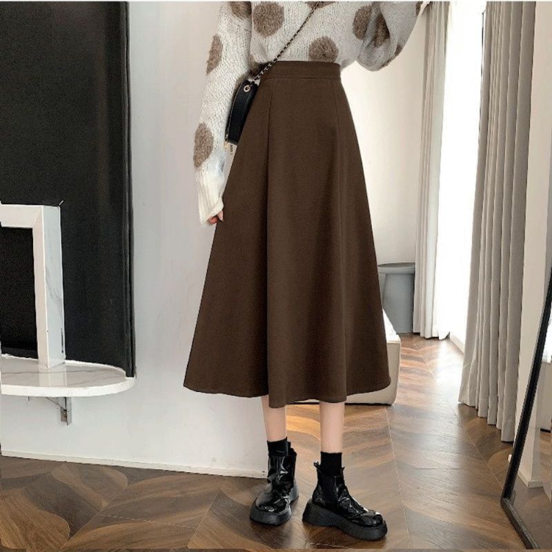 Chán váy chữ a dài qua gối phong cách hàn quốc,chân váy nỉ dáng dài cạp chun màu nâu be 05
