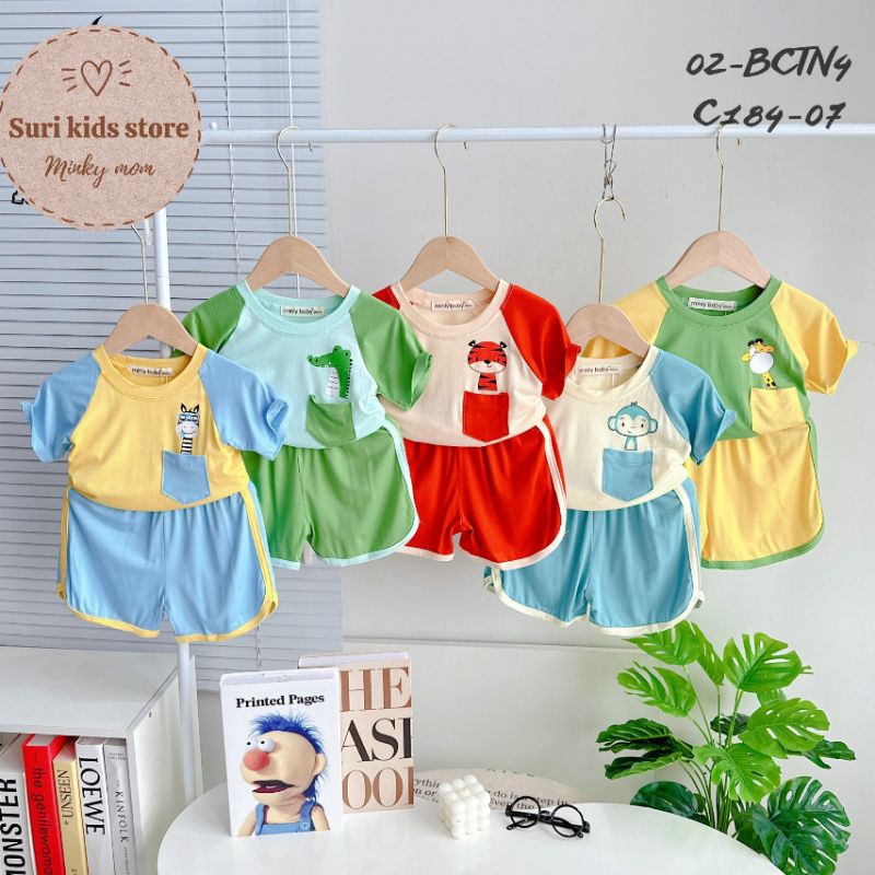 💝 Bộ Cộc Tay minky mom (tag mới minly baby) thun lạnh in hình hươu cao cổ phối túi thật mềm, mát cho bé