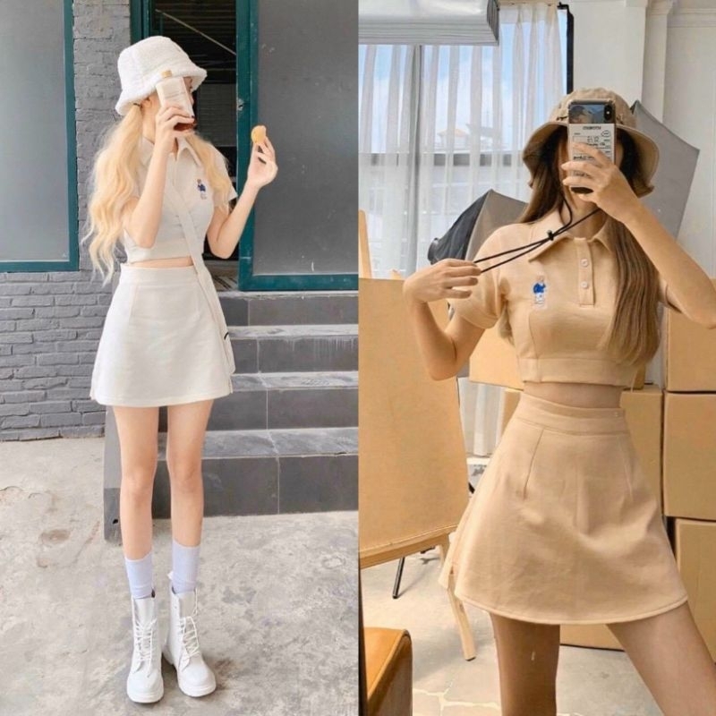 Set ÁO GẤU CỔ SƠ MI + CV DÁNG CHỮ A XINH XẮN Dễ Thương