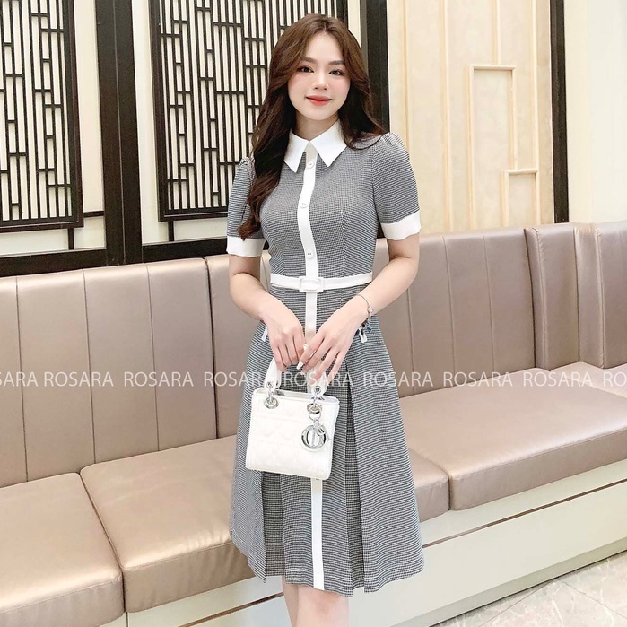 Váy Đầm Kẻ Nhí Đen Trắng Dáng Xòe Thời Trang Nữ Rosara VA19
