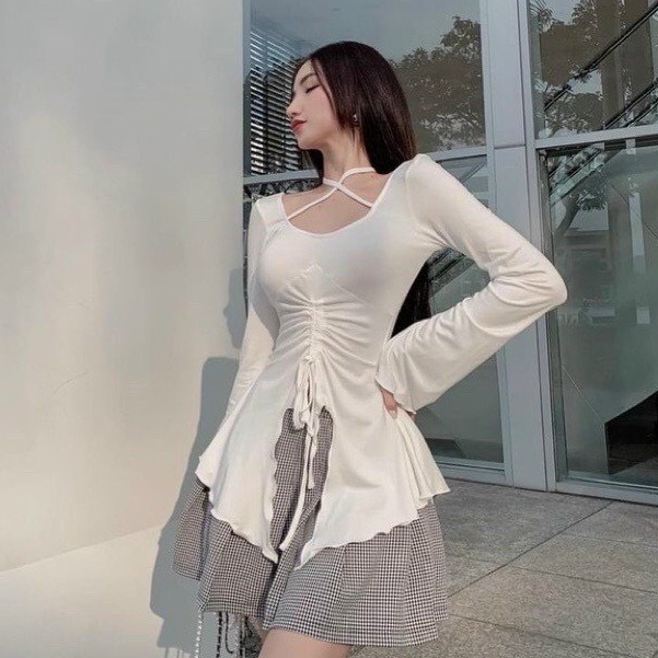 Áo Thun Nữ Xẻ Tà Ôm Body Kiểu Dáng Hàn Quốc Tay Dài Ulzzang hot hit Vạt Chéo Trễ Vai Dài Tay C030