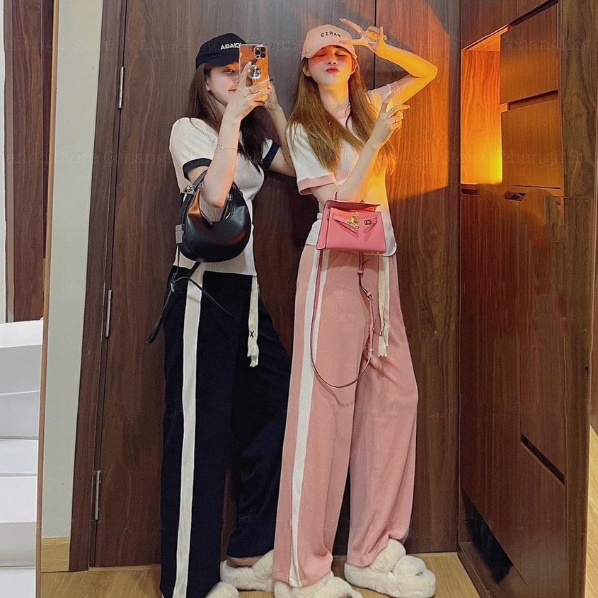 :Set Bộ Đồ Nữ Áo Ngắn Tay Phối Viền Ôm Body Mix Quần Ống Suông Rộng Dây Rút To [LOLLA_YE_FASHION]
