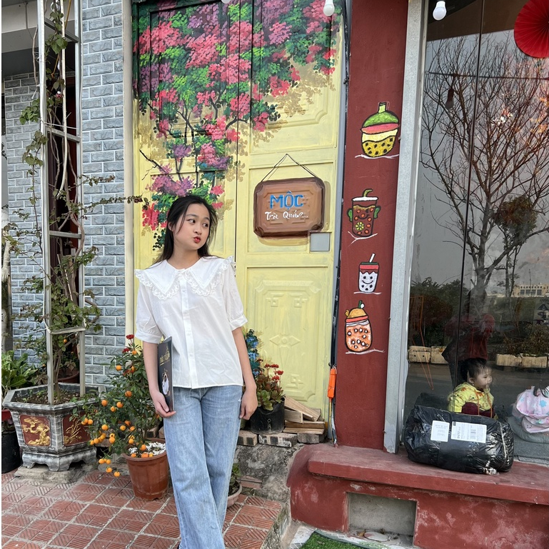 Áo sơmi cộc vạt thuỷ thủ bèo ren to siêu xinh vitage by