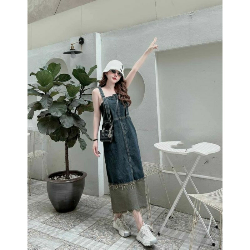 Váy Yếm Jean Nâu yếm váy bò hai tầng