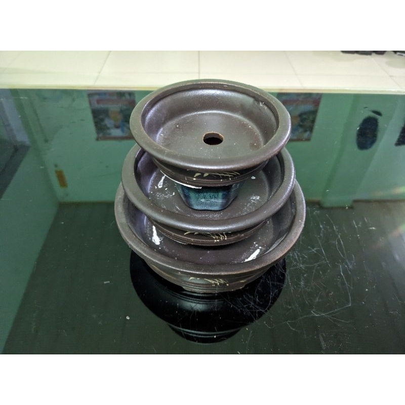 Set 3 chậu tròn men nâu cafe hoạ tiết vẽ thủ công đẹp