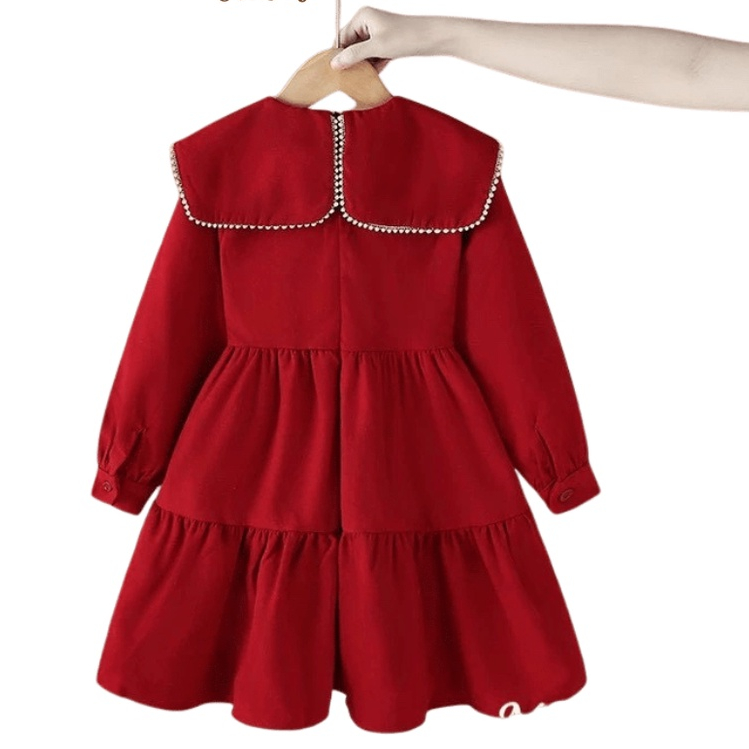 Váy/ đầm bé gái nhung tăm màu đỏ tay dài Phối cánh tiên đi học đi chơi Noel Lễ Tết Giáng Sinh