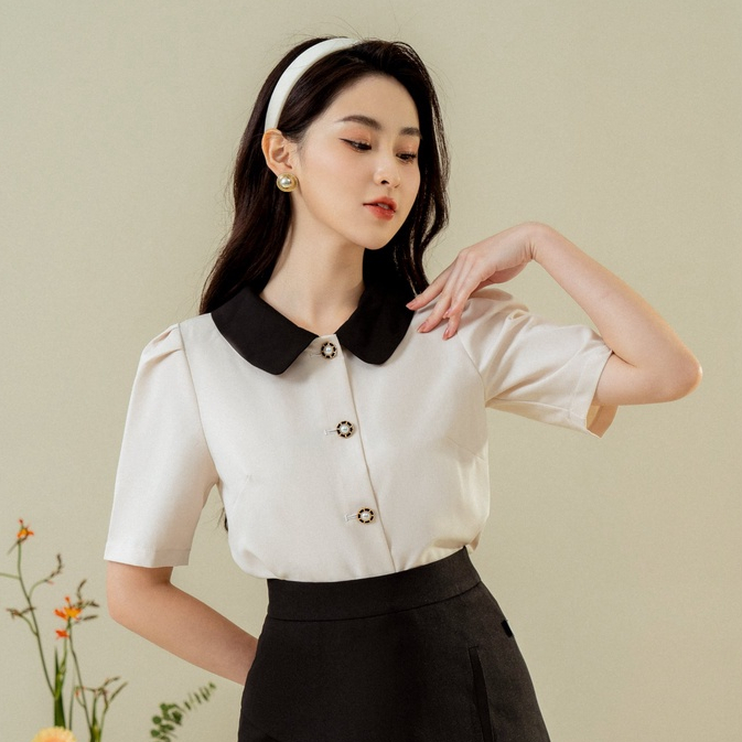 Áo sơ mi cổ sen phối tay ly, áo sơ mi kiểu nữ tính thanh lịch TIINSTORE AHN332