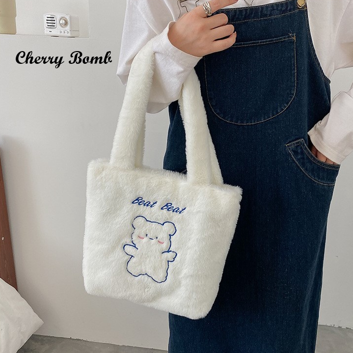 Túi xách đeo vai, túi tote vải lông mềm mịn họa tiết gấu dễ thương, đáng yêu đựng vừa vở học sinh