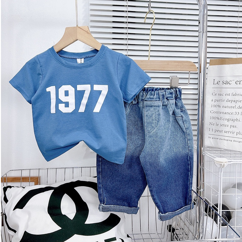 Bộ quần áo, SÉT QUẦN JEAN BAGI LỬNG + ÁO COTTON 1977 cho bé trai 8-21kg