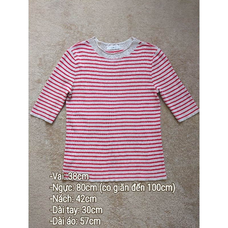 Áo len mông tơ ghi nữ kẻ sọc ngang màu đỏ phối màu da cổ tròn tay lửng xẻ tà sau (Secondhand/Used/Si/Hàng thùng)