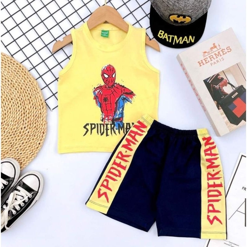 Bộ ba lỗ bé trai thun cotton mỏng mát in siêu nhân size nhí 10-20kg