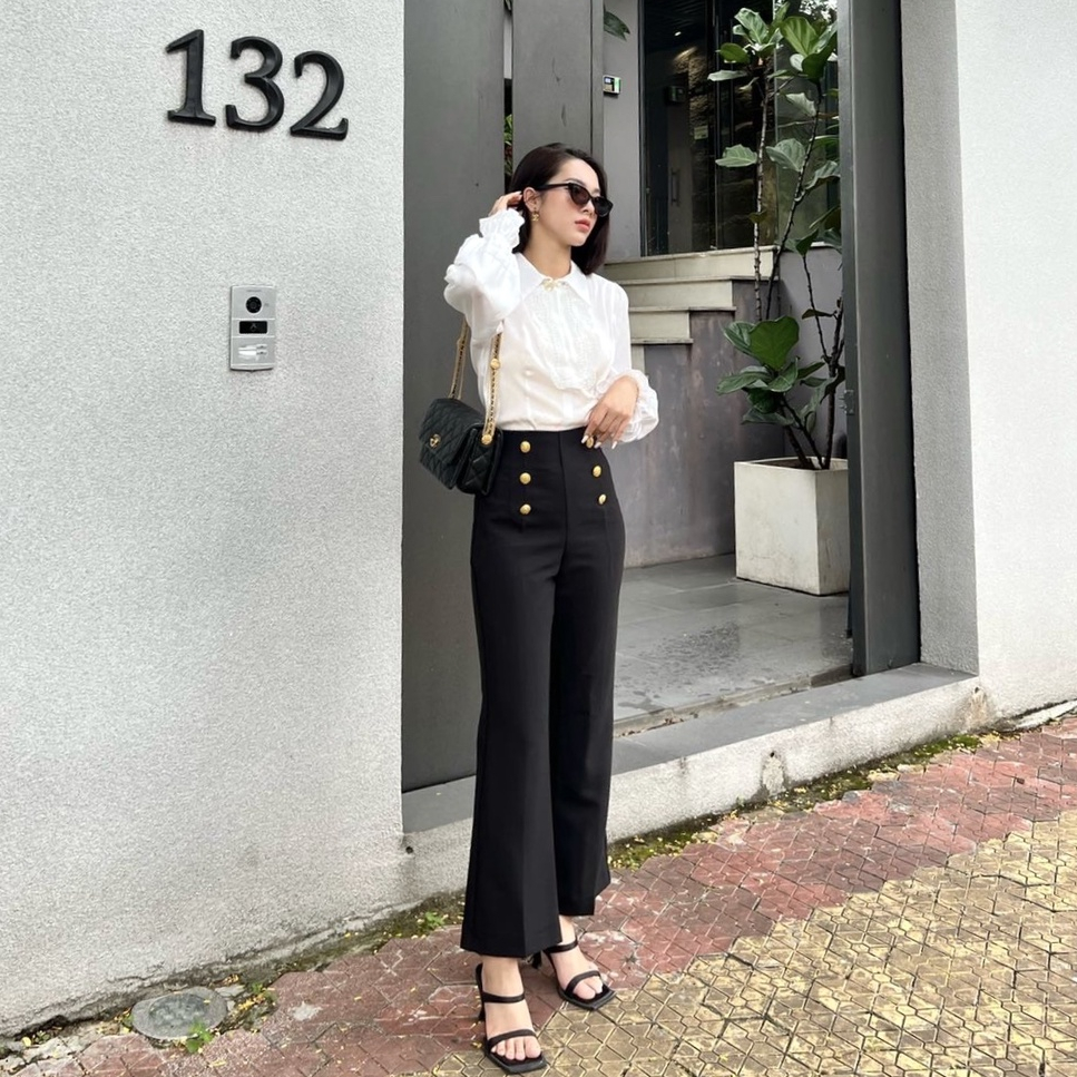 Quần Nữ Ống Loe Cạp Cao Dáng Dài Đính Khuy Vàng Đồng Thanh Lịch Màu Be & Đen Đi Học, Đi Làm, Đi Chơi - Lani pants