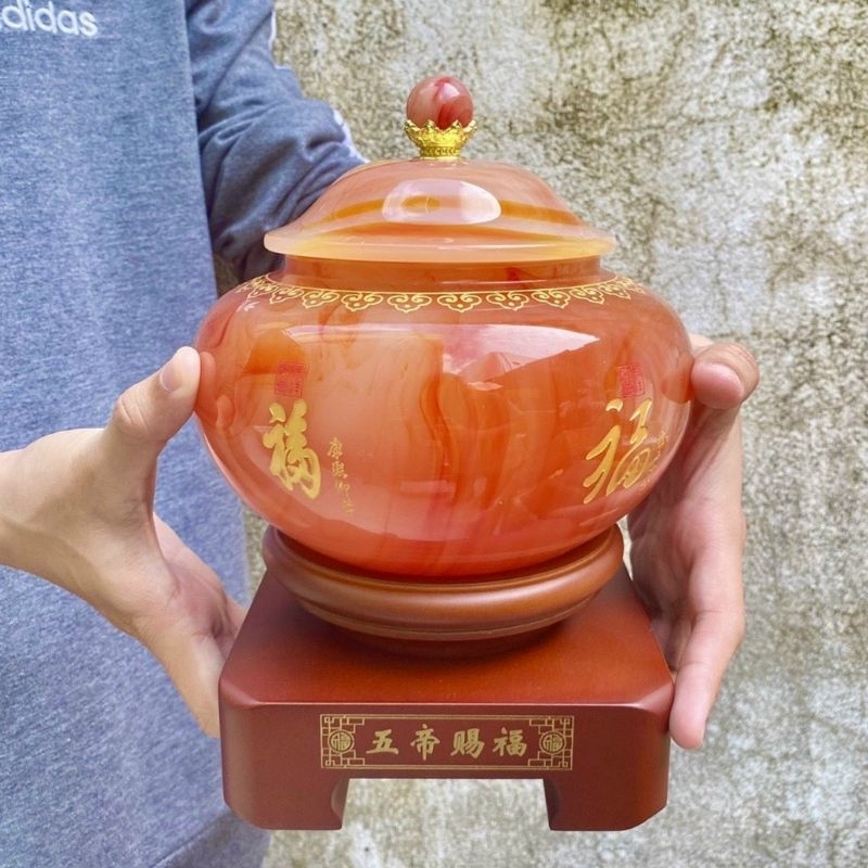 Thố phong thủy Đựng Gạo, Muối, Nước, Trà, Mức, Đá vụn tài lộc kích thước cao 19cm và 23cm kèm đế gỗ