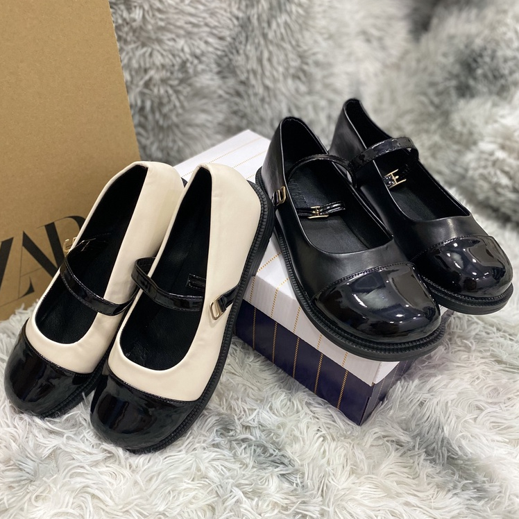 Giày búp bê nữ mũi tròn Doll⚡ GIÁ SỐC ⚡Giày bệt nữ đế bằng dây cài 2 màu kem-đen phong cách Ulzzang thời trang Hàn Quốc