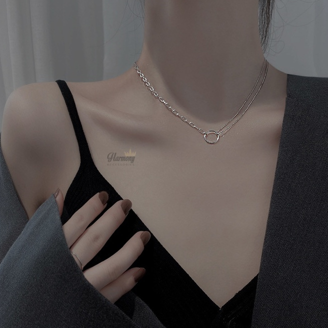 Dây chuyền nữ bạc 925 xi kim choker mắt xích mặt tròn rỗng cá tính| HARMONY ACCESSORIES VC109