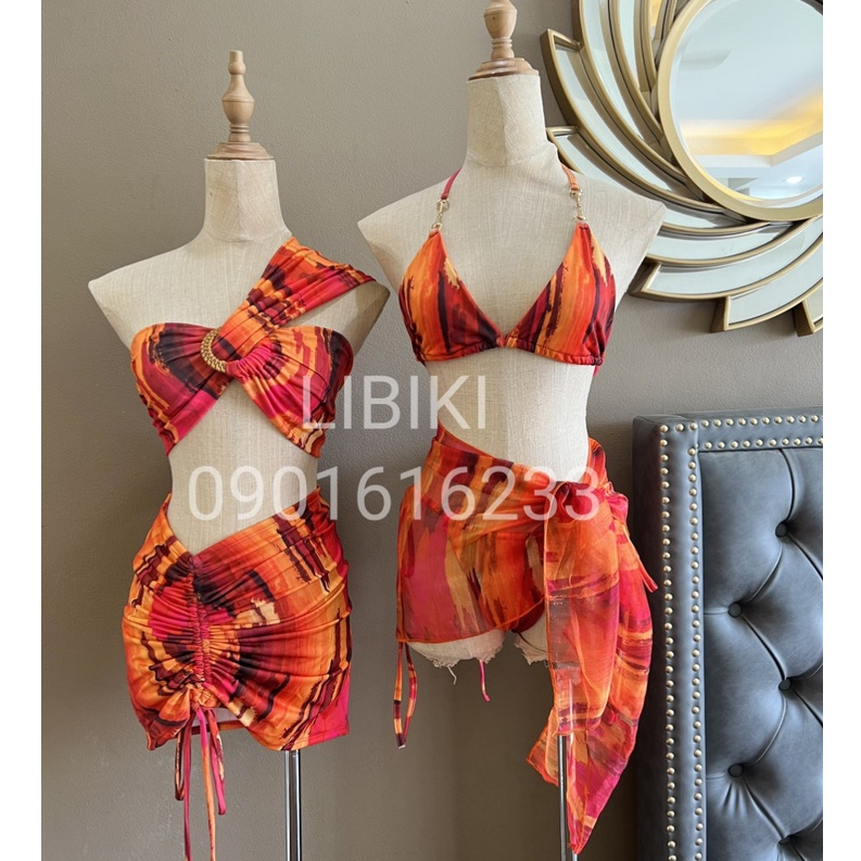 Set bikini 3 mảnh loang đỏ kèm khăn voan, chất thun lạnh