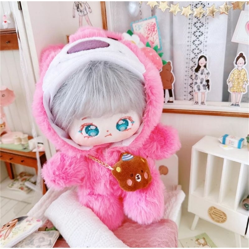 Đồ bộ lông thú gấu Lotso dâu đáng yêu cho doll 20cm