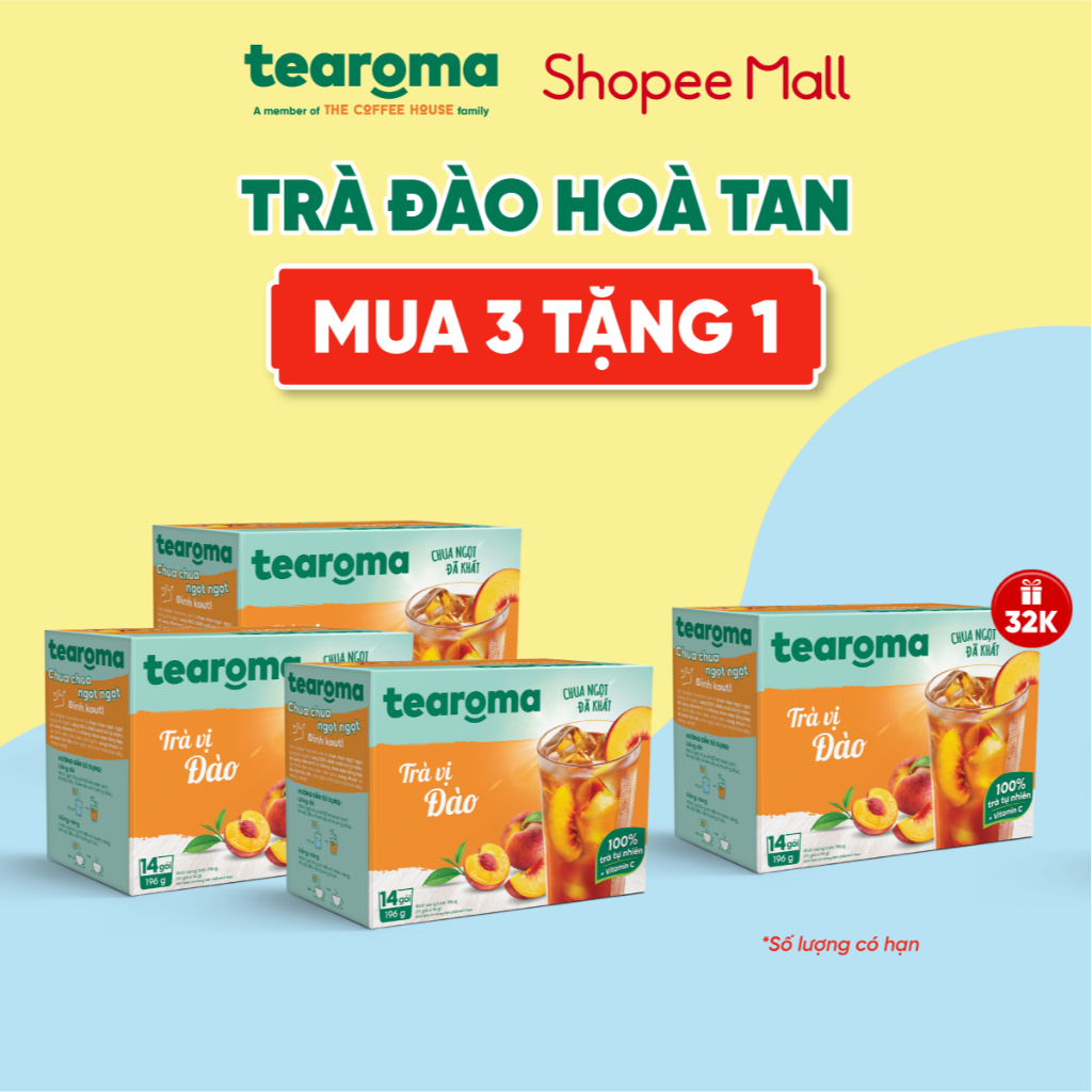 [Mua 3 tặng 1]  Trà Tearoma hòa tan vị Đào hộp 196g (14 gói x 14g)