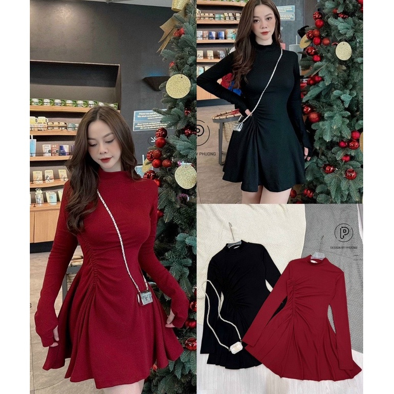 Đầm cổ tròn tay dài dáng xòe rút dây 1 bên eo cực xinh , chất thun gân mềm mịn lt