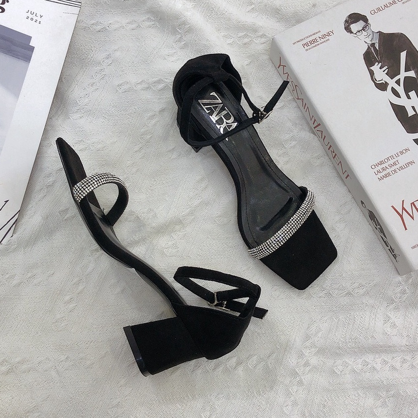 Giày Sandal gót vuông - Sandal Za Rà Quai Ngang Đính Đá Hạt Cao 5p VNXK