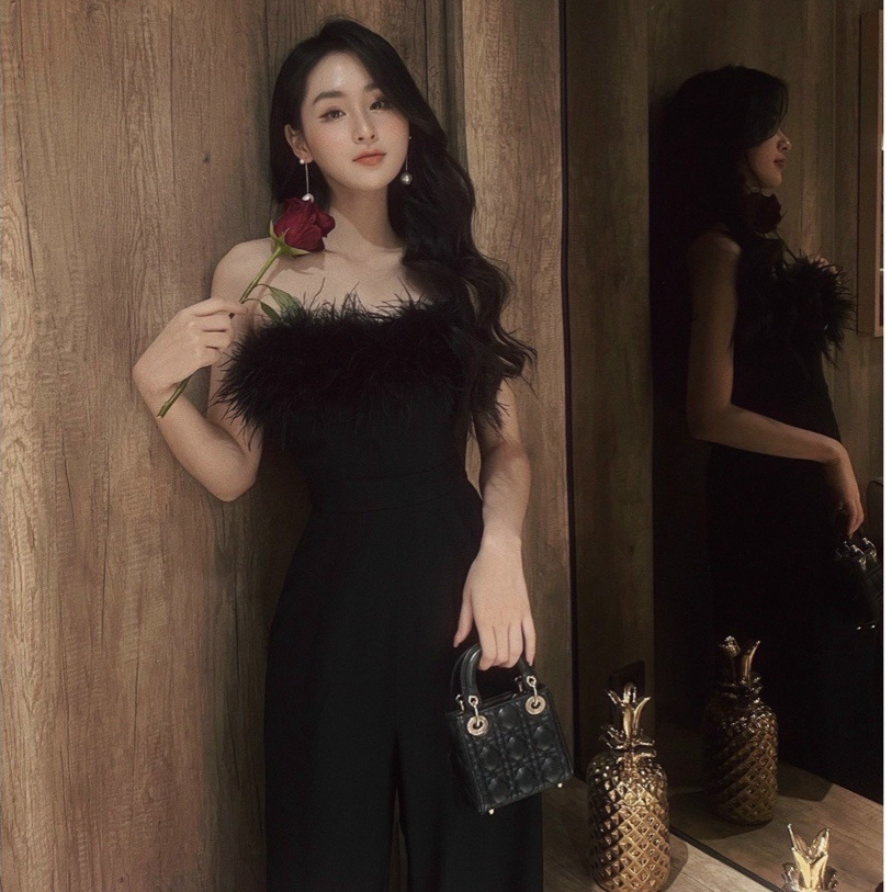 Jum ống suông cúp ngực phối lông vũ