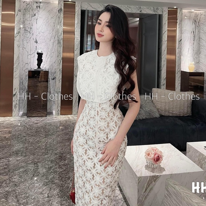 Đầm Ren Dài Đính Hoa Cổ
